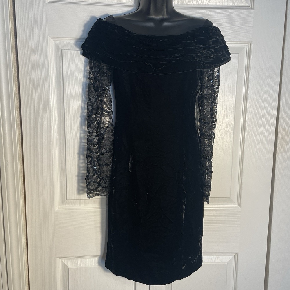 Vintage 90s Rimini‎ Dress Women 6 Black Velvet Lace Sleeves Sequin Whimsigoth